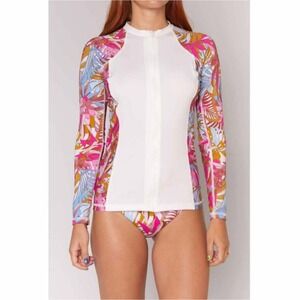 Hurley‎ Women's Rash Guard Size S White Floral Long Sleeve Zip Up Swim Top
